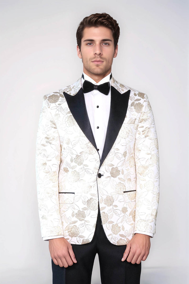 Beyaz Simli Floral Desenli Smokin Ceketi - Wessi