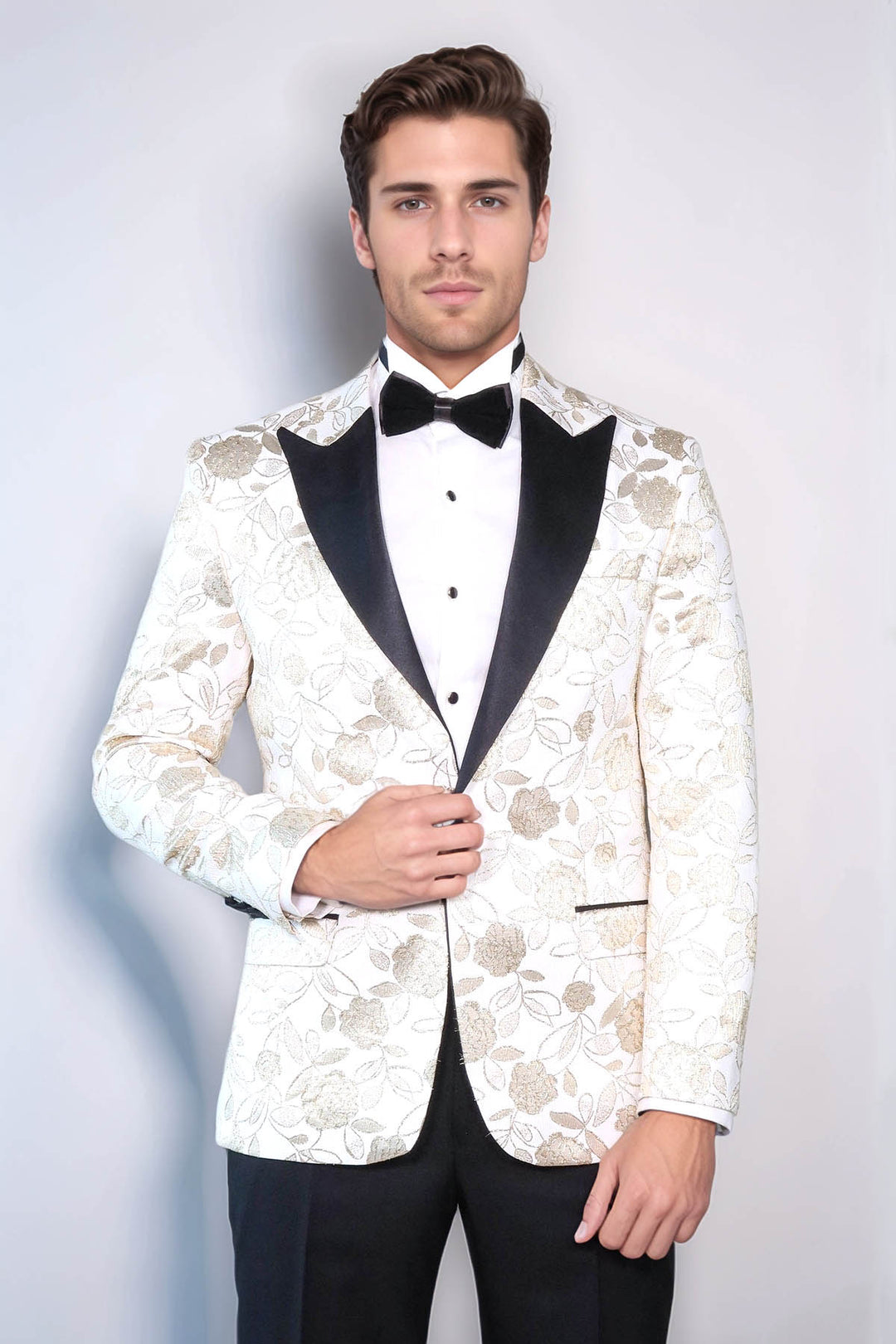 Beyaz Simli Floral Desenli Smokin Ceketi - Wessi