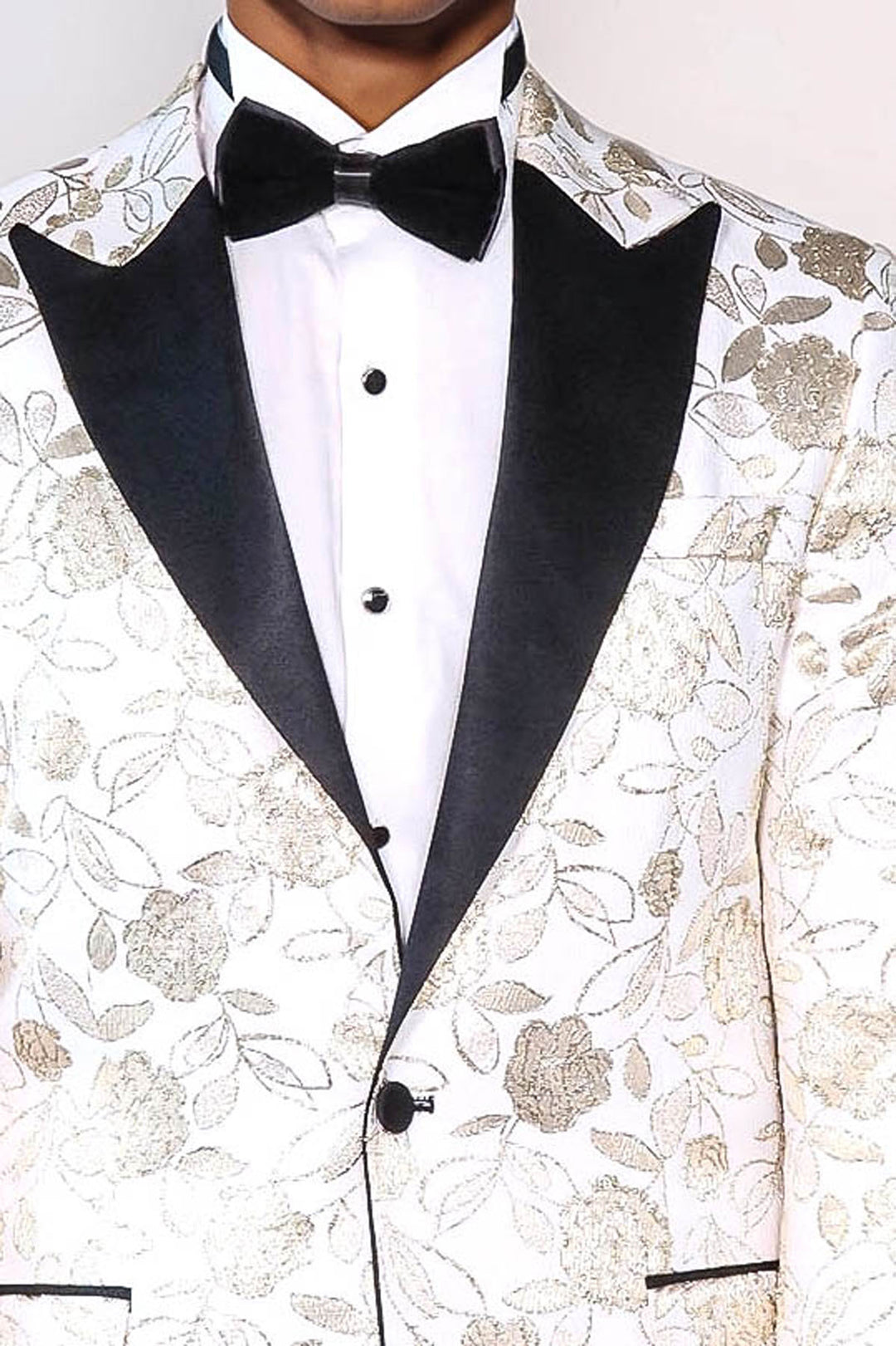 Beyaz Simli Floral Desenli Smokin Ceketi - Wessi