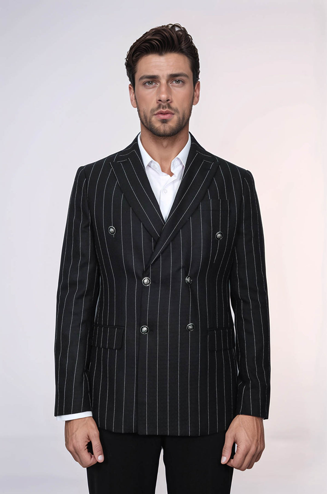 Kruvaze Slim Fit Çizgili Siyah Erkek Ceket - Wessi