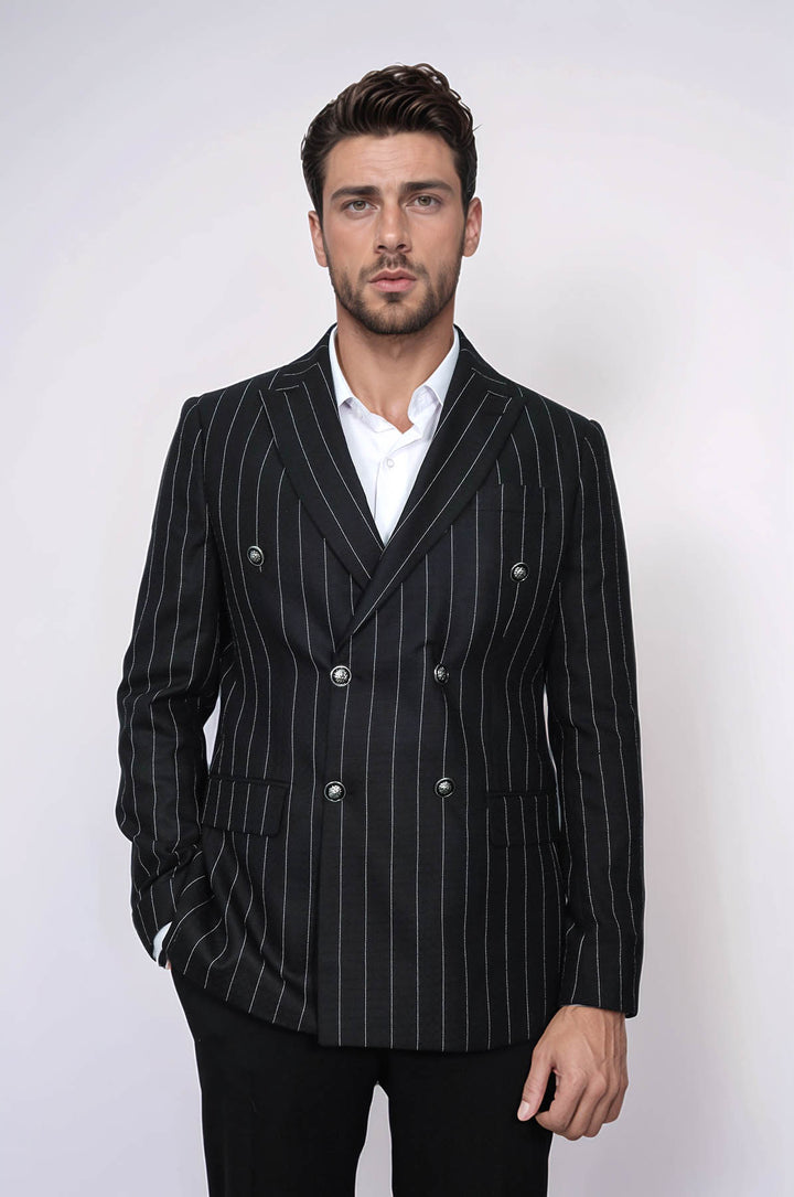 Kruvaze Slim Fit Çizgili Siyah Erkek Ceket - Wessi