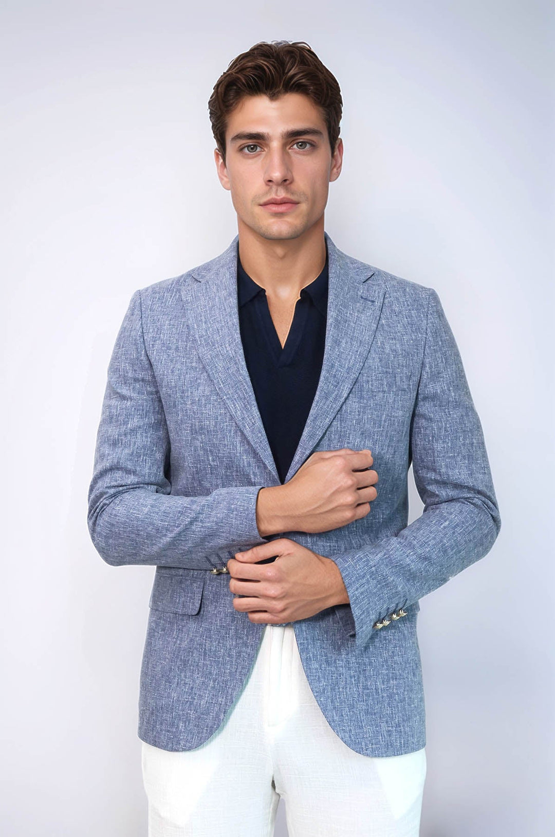 Koyu Mavi Keten Dokulu Gold Renk Metal Düğmeli Slim Fit Erkek Blazer Ceket - Wessi
