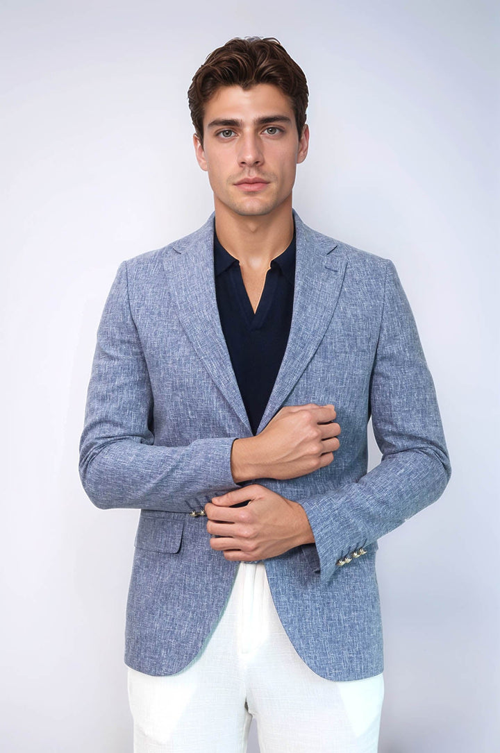 Koyu Mavi Keten Dokulu Gold Renk Metal Düğmeli Slim Fit Erkek Blazer Ceket - Wessi