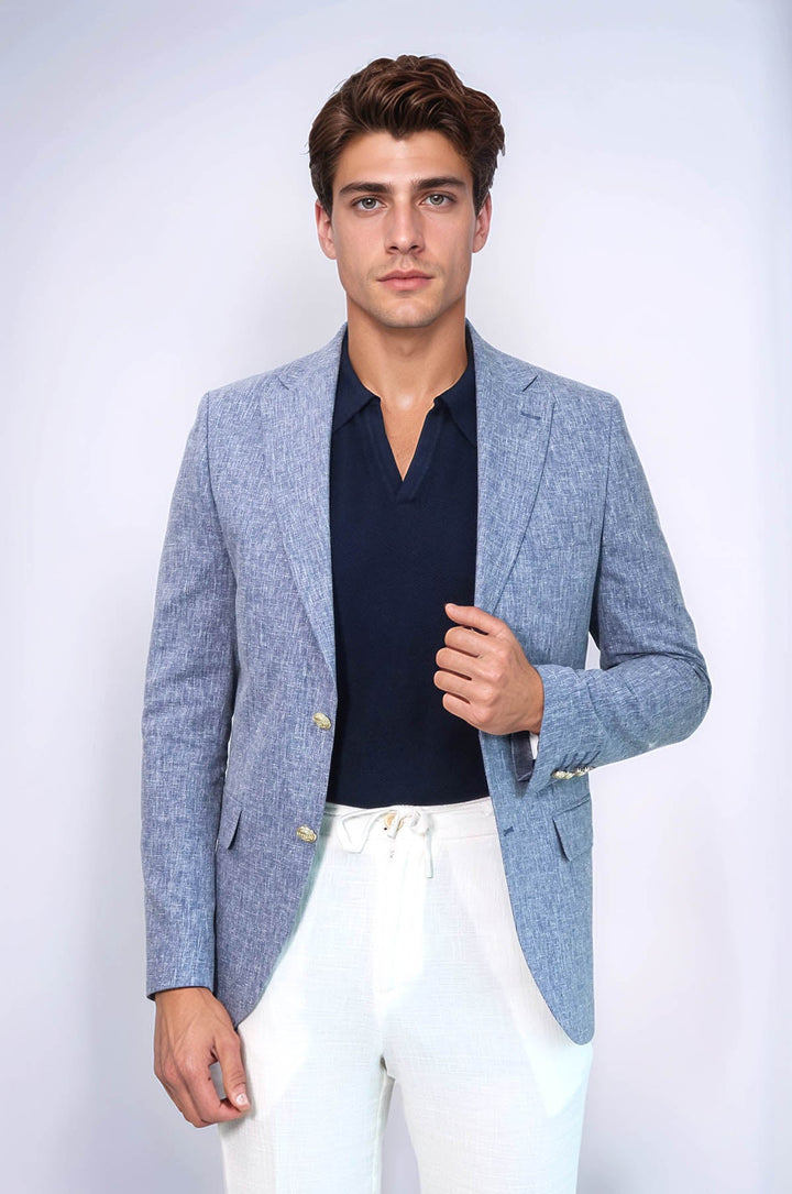 Koyu Mavi Keten Dokulu Gold Renk Metal Düğmeli Slim Fit Erkek Blazer Ceket - Wessi