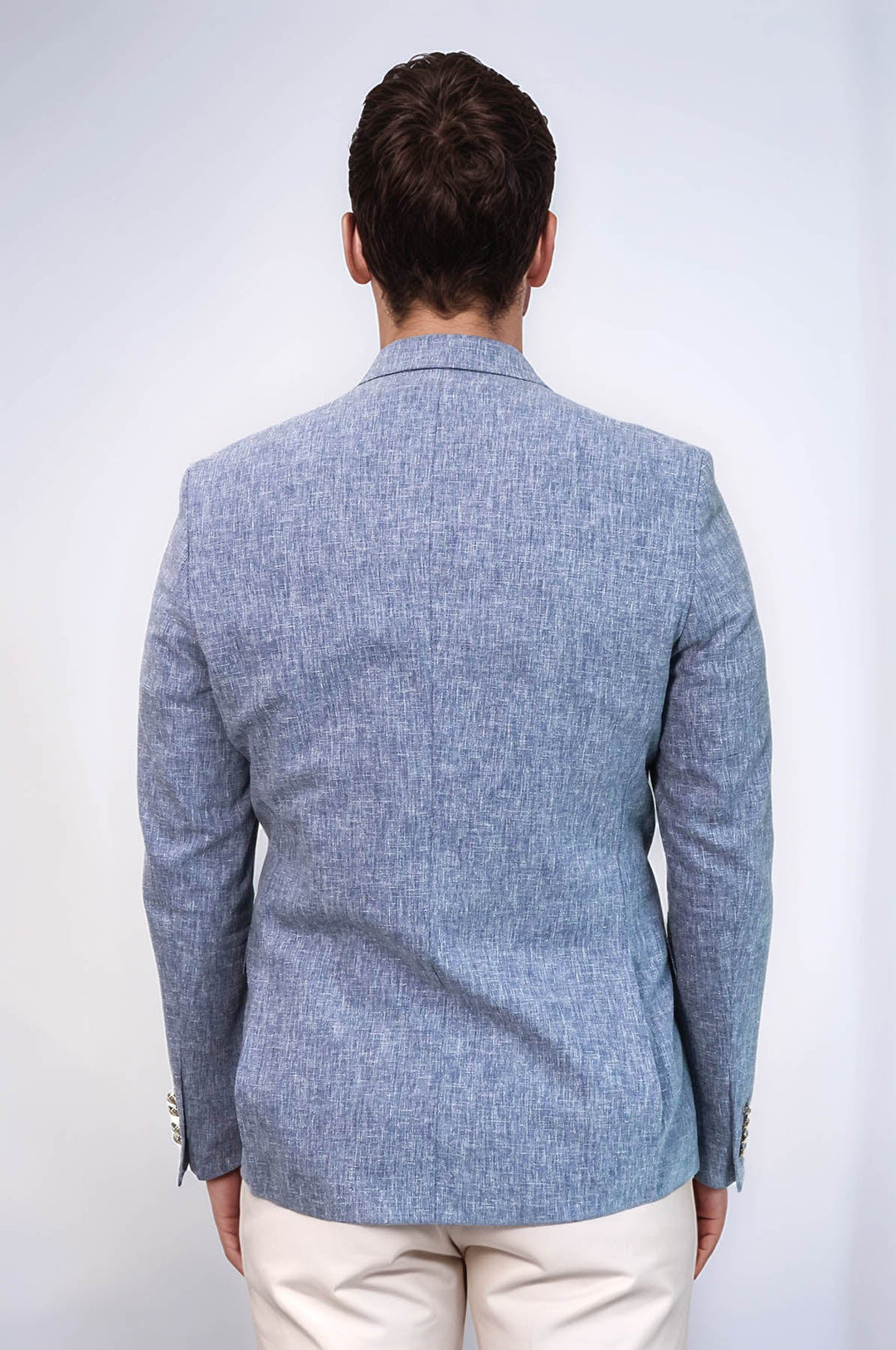 Koyu Mavi Keten Dokulu Gold Renk Metal Düğmeli Slim Fit Erkek Blazer Ceket - Wessi