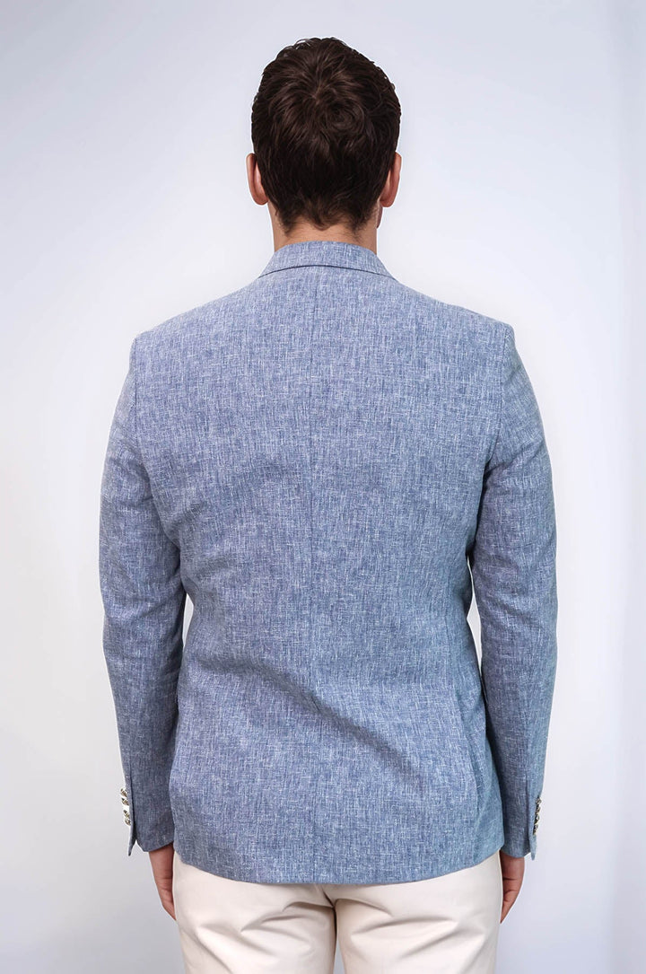 Koyu Mavi Keten Dokulu Gold Renk Metal Düğmeli Slim Fit Erkek Blazer Ceket - Wessi