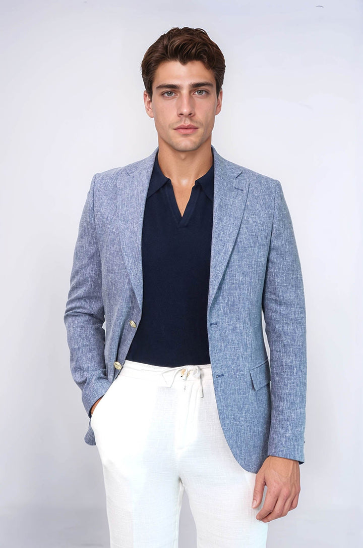 Koyu Mavi Keten Dokulu Gold Renk Metal Düğmeli Slim Fit Erkek Blazer Ceket - Wessi