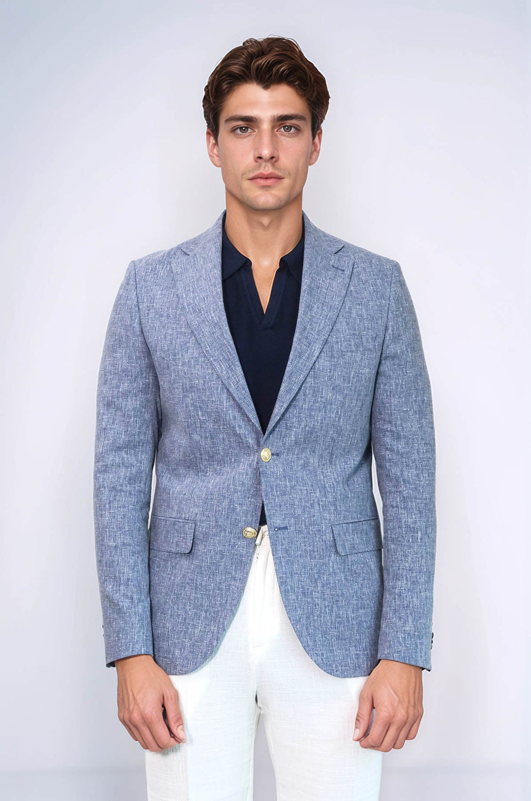 Koyu Mavi Keten Dokulu Gold Renk Metal Düğmeli Slim Fit Erkek Blazer Ceket - Wessi