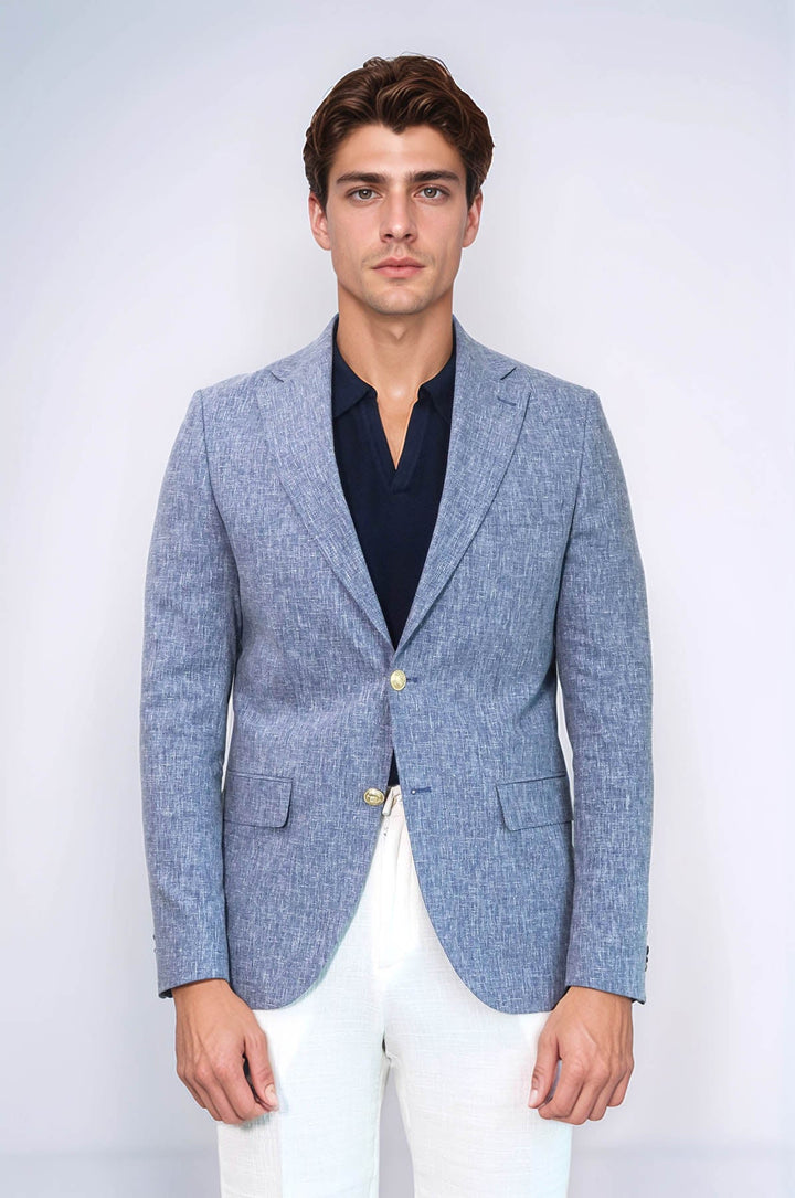 Koyu Mavi Keten Dokulu Gold Renk Metal Düğmeli Slim Fit Erkek Blazer Ceket - Wessi