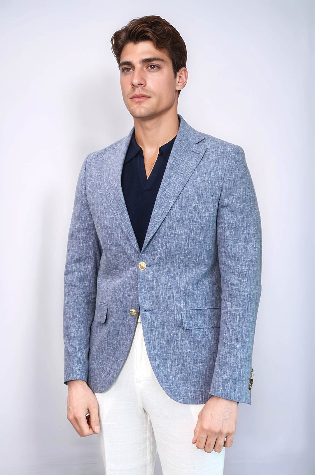 Koyu Mavi Keten Dokulu Gold Renk Metal Düğmeli Slim Fit Erkek Blazer Ceket - Wessi