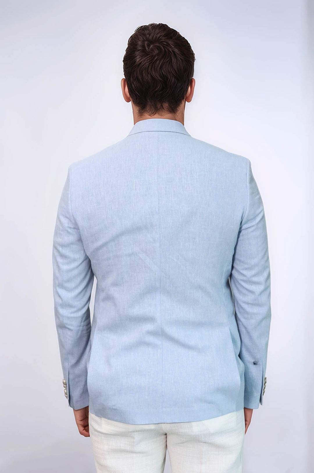 Açık Mavi Keten Dokulu Gold Renk Metal Düğmeli Slim Fit Erkek Blazer Ceket - Wessi