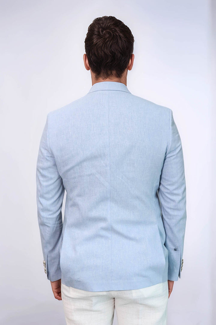 Açık Mavi Keten Dokulu Gold Renk Metal Düğmeli Slim Fit Erkek Blazer Ceket - Wessi