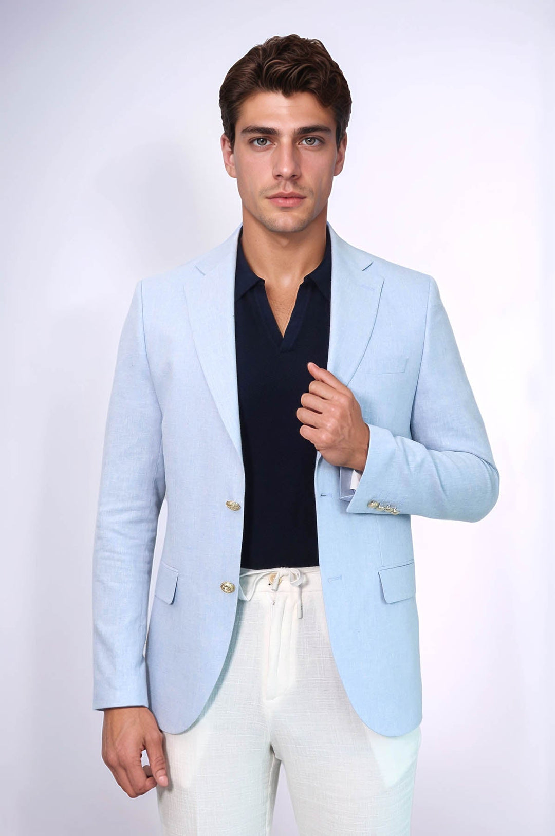 Açık Mavi Keten Dokulu Gold Renk Metal Düğmeli Slim Fit Erkek Blazer Ceket - Wessi