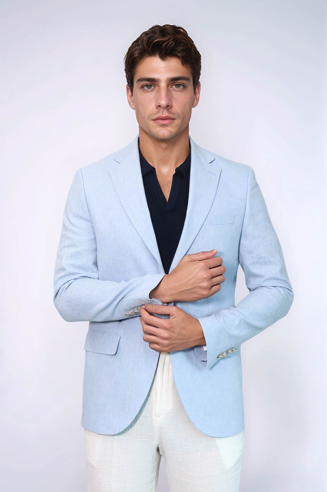 Açık Mavi Keten Dokulu Gold Renk Metal Düğmeli Slim Fit Erkek Blazer Ceket - Wessi