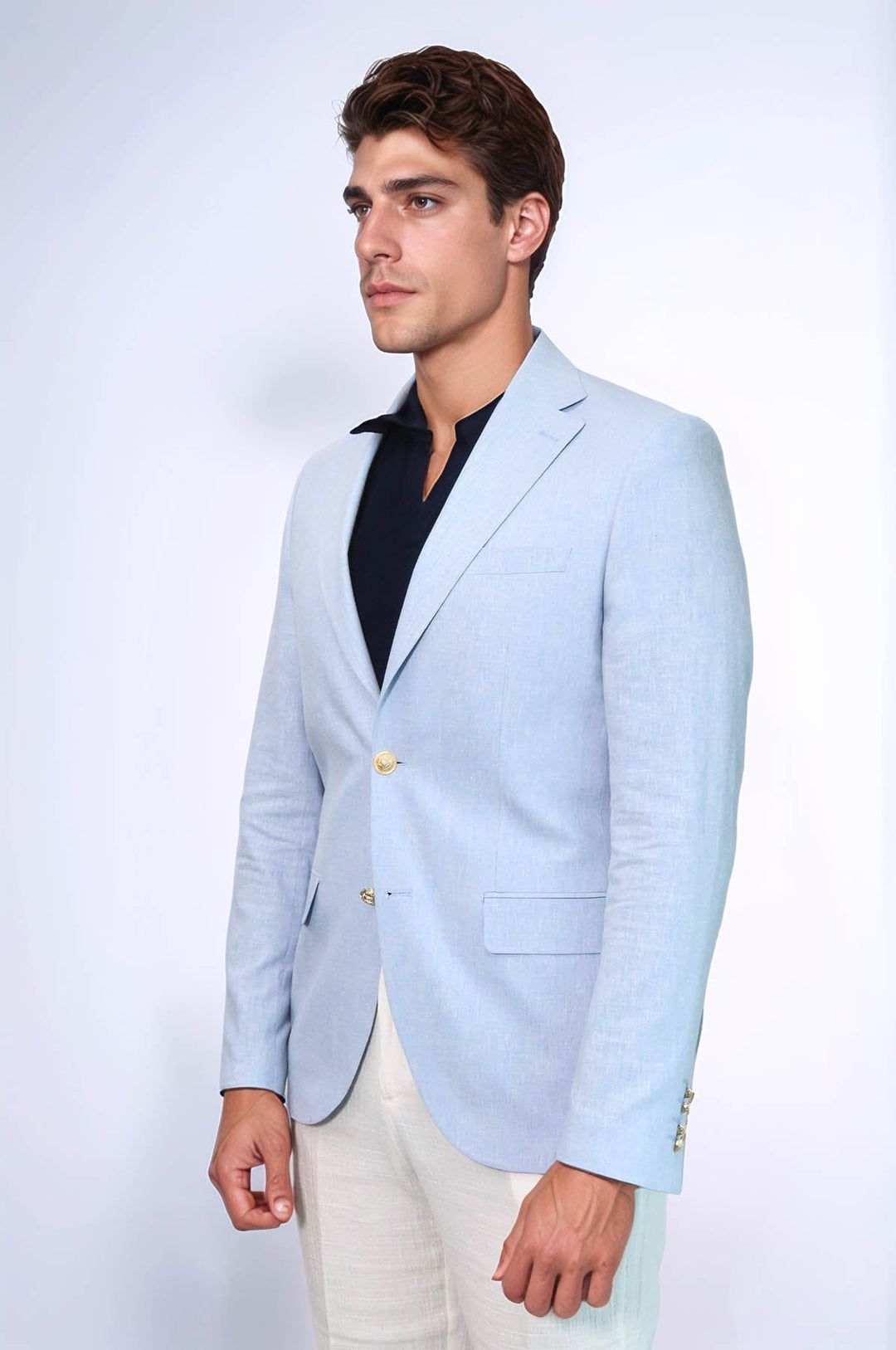 Açık Mavi Keten Dokulu Gold Renk Metal Düğmeli Slim Fit Erkek Blazer Ceket - Wessi