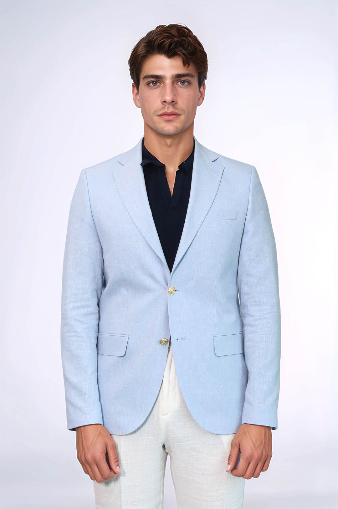 Açık Mavi Keten Dokulu Gold Renk Metal Düğmeli Slim Fit Erkek Blazer Ceket - Wessi
