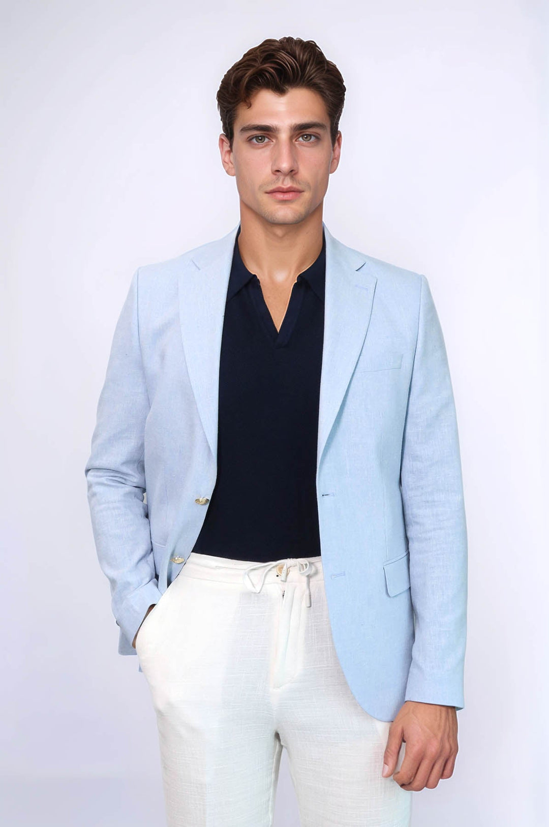Açık Mavi Keten Dokulu Gold Renk Metal Düğmeli Slim Fit Erkek Blazer Ceket - Wessi