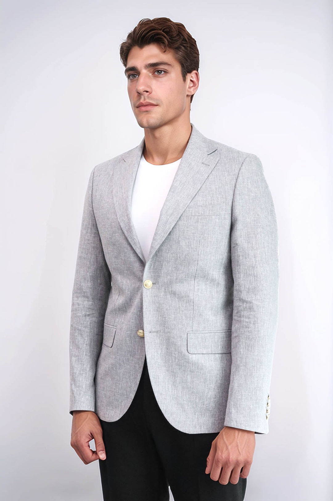 Gri Keten Dokulu Gold Renk Metal Düğmeli Slim Fit Erkek Blazer Ceket - Wessi