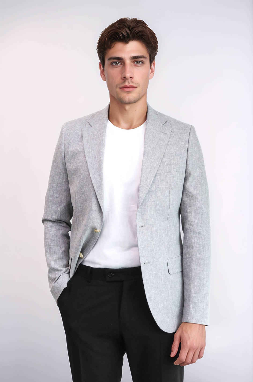 Gri Keten Dokulu Gold Renk Metal Düğmeli Slim Fit Erkek Blazer Ceket - Wessi