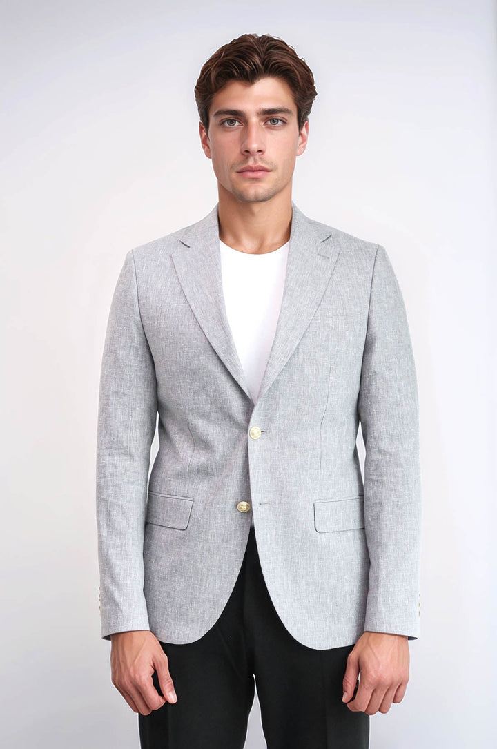 Gri Keten Dokulu Gold Renk Metal Düğmeli Slim Fit Erkek Blazer Ceket - Wessi
