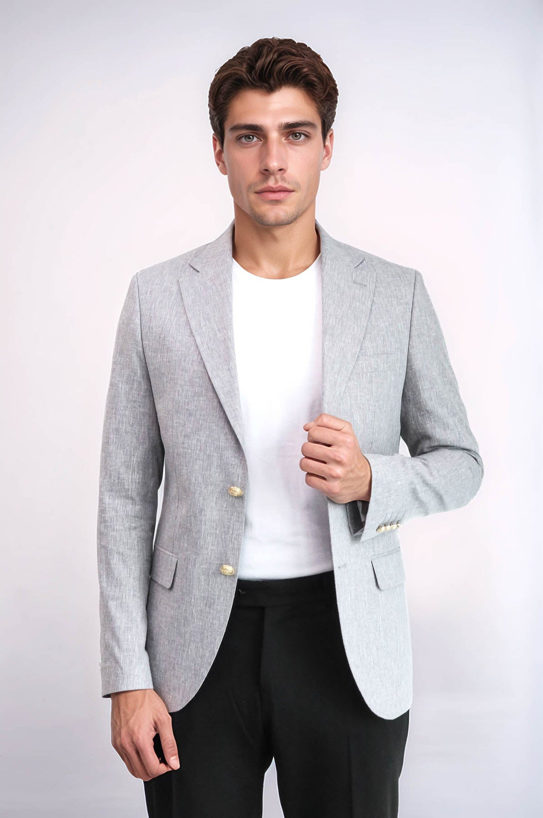 Gri Keten Dokulu Gold Renk Metal Düğmeli Slim Fit Erkek Blazer Ceket - Wessi