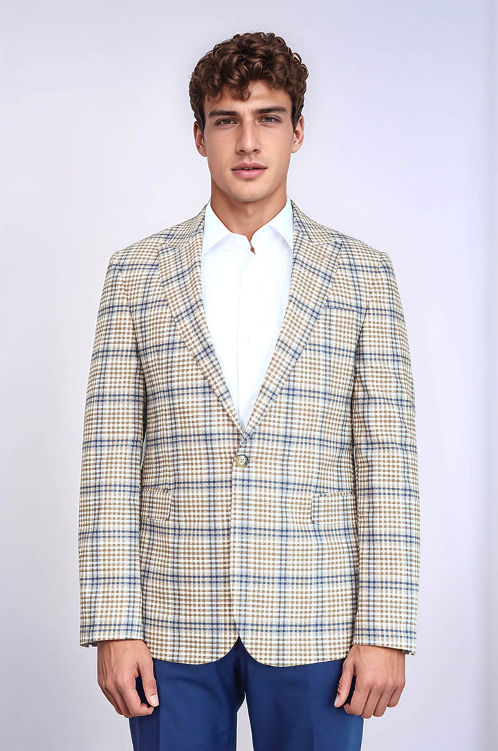 Ekose Desenli Slim Fit Kahverengi Mavi Erkek Ceket - Wessi