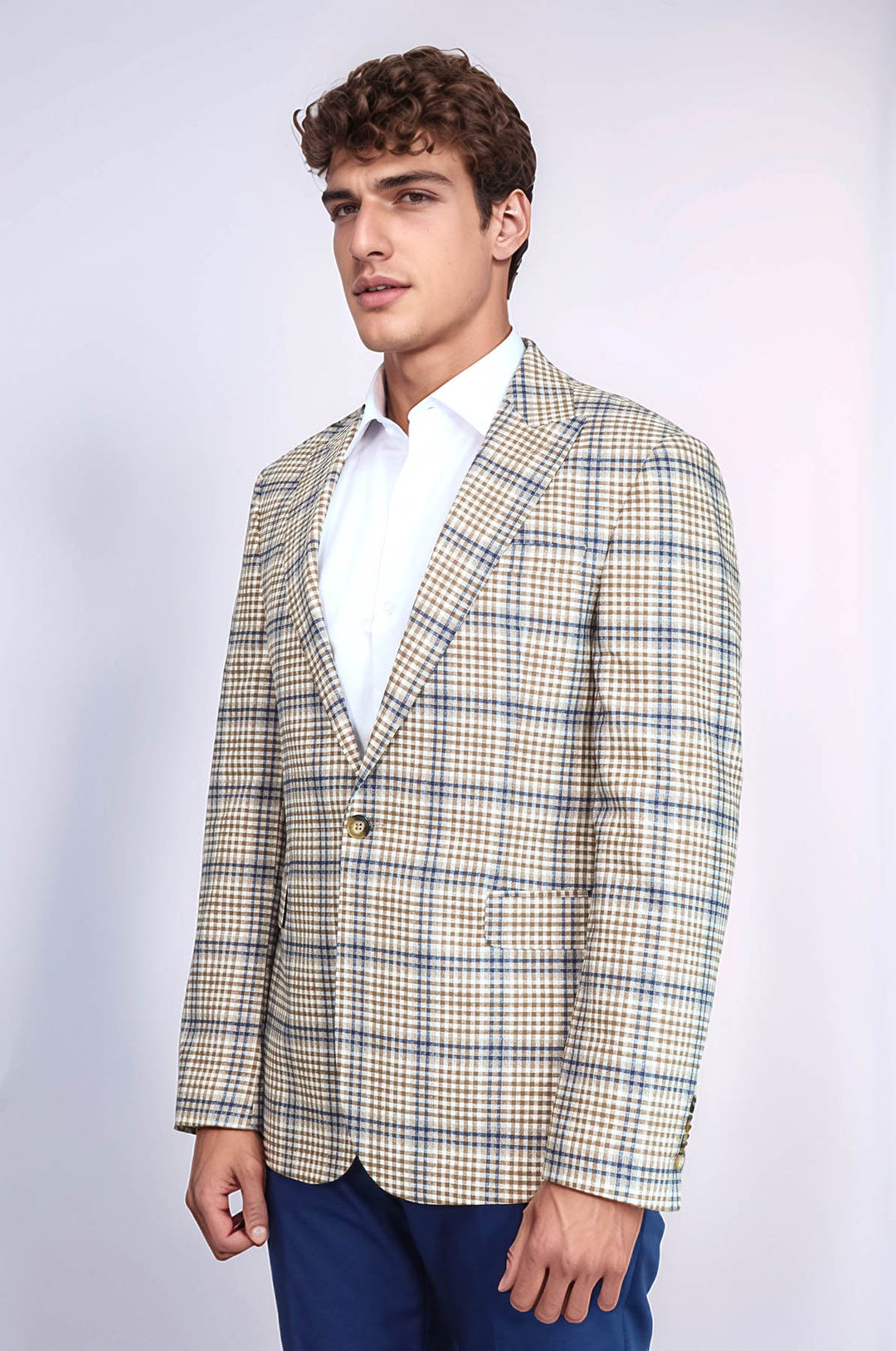 Ekose Desenli Slim Fit Kahverengi Mavi Erkek Ceket - Wessi
