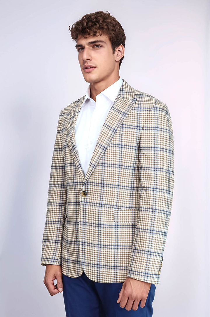 Ekose Desenli Slim Fit Kahverengi Mavi Erkek Ceket - Wessi