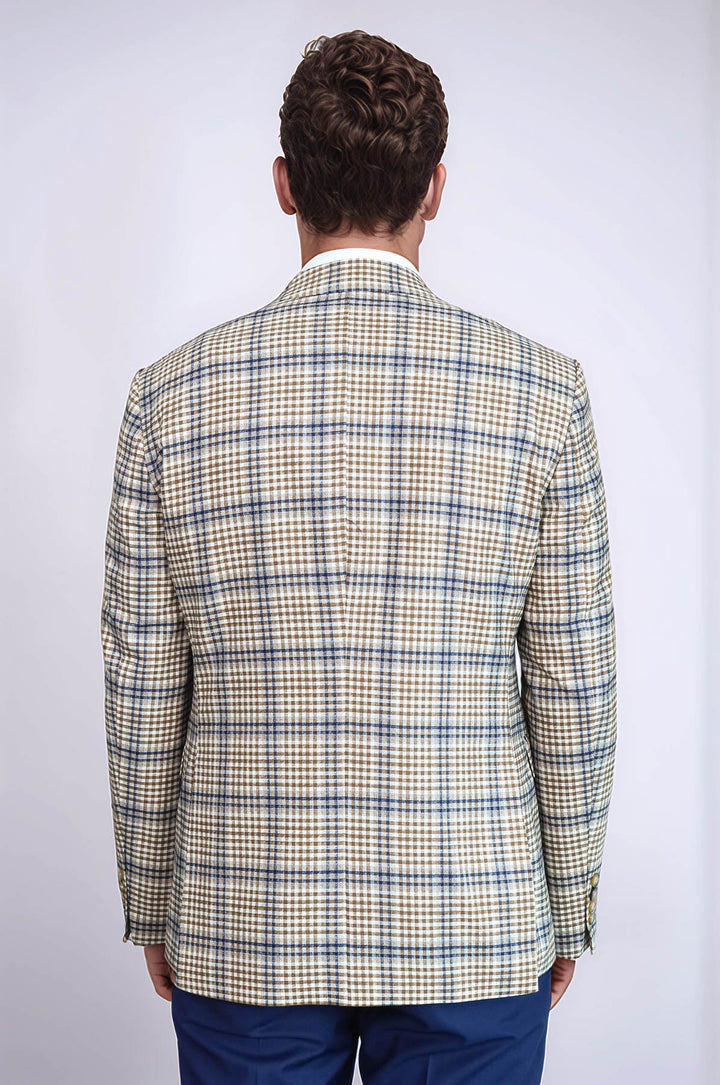 Ekose Desenli Slim Fit Kahverengi Mavi Erkek Ceket - Wessi
