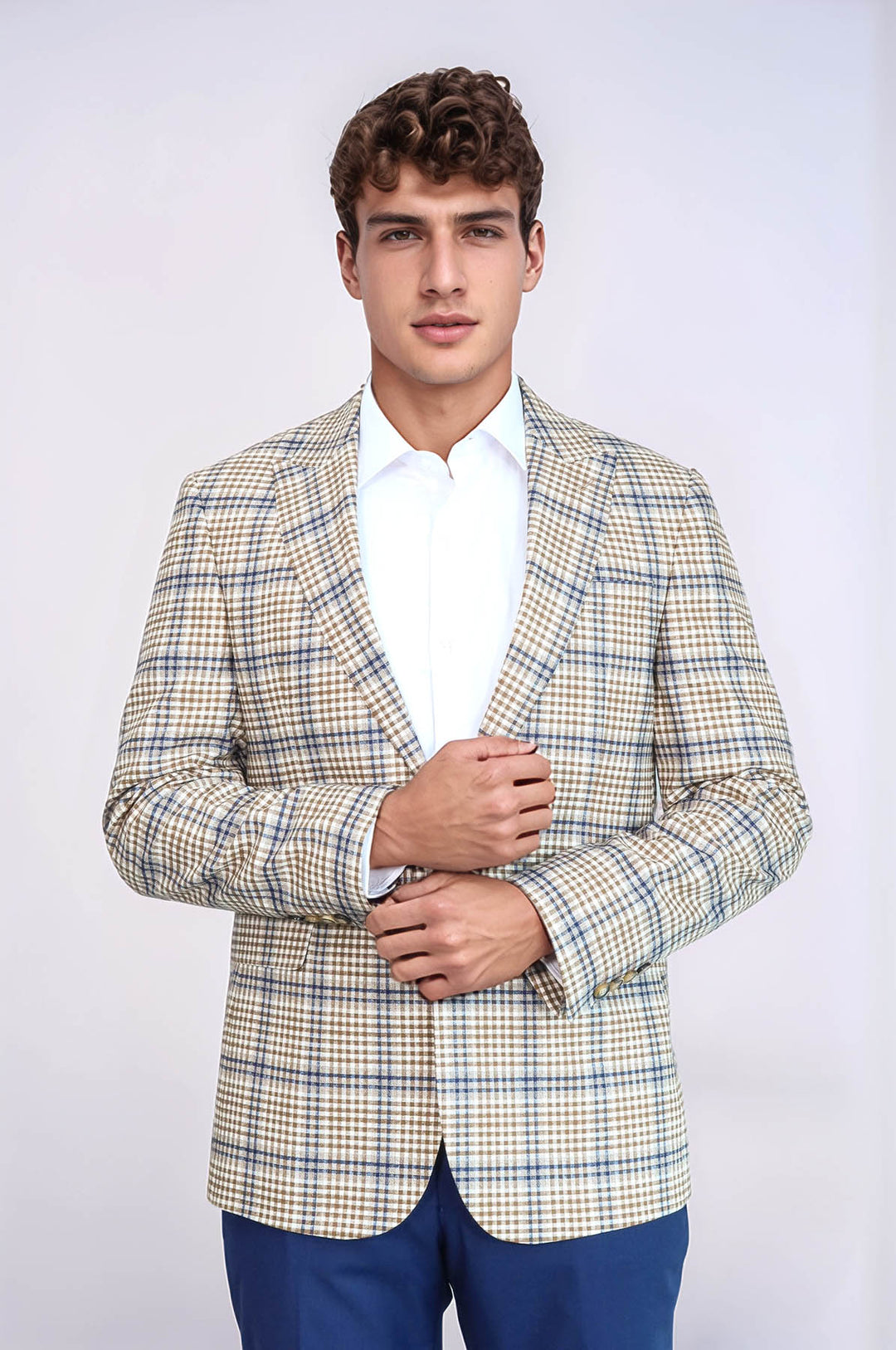 Ekose Desenli Slim Fit Kahverengi Mavi Erkek Ceket - Wessi