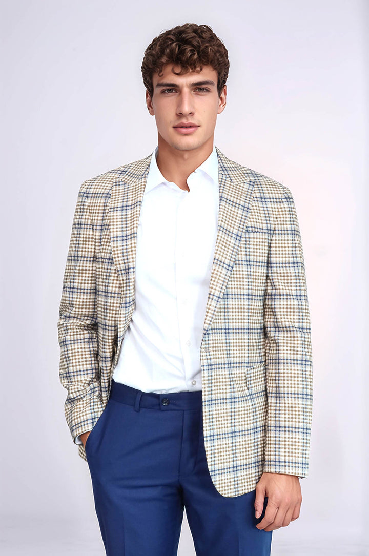 Ekose Desenli Slim Fit Kahverengi Mavi Erkek Ceket - Wessi