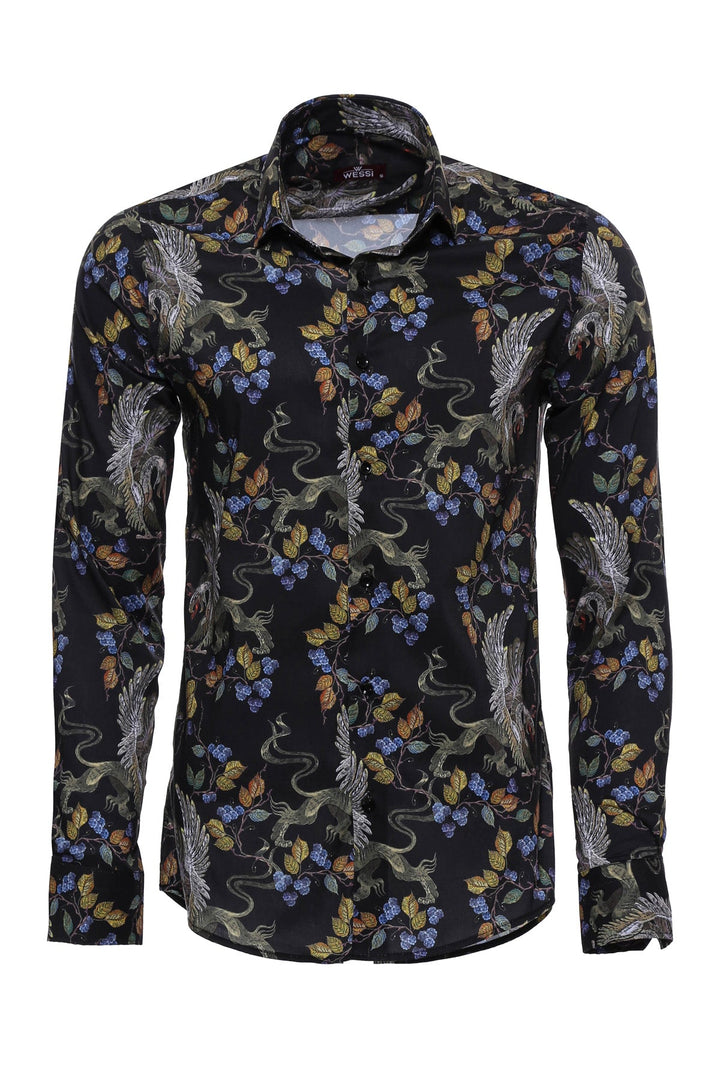 Desenli Siyah Slim Fit Erkek Gömlek - Wessi