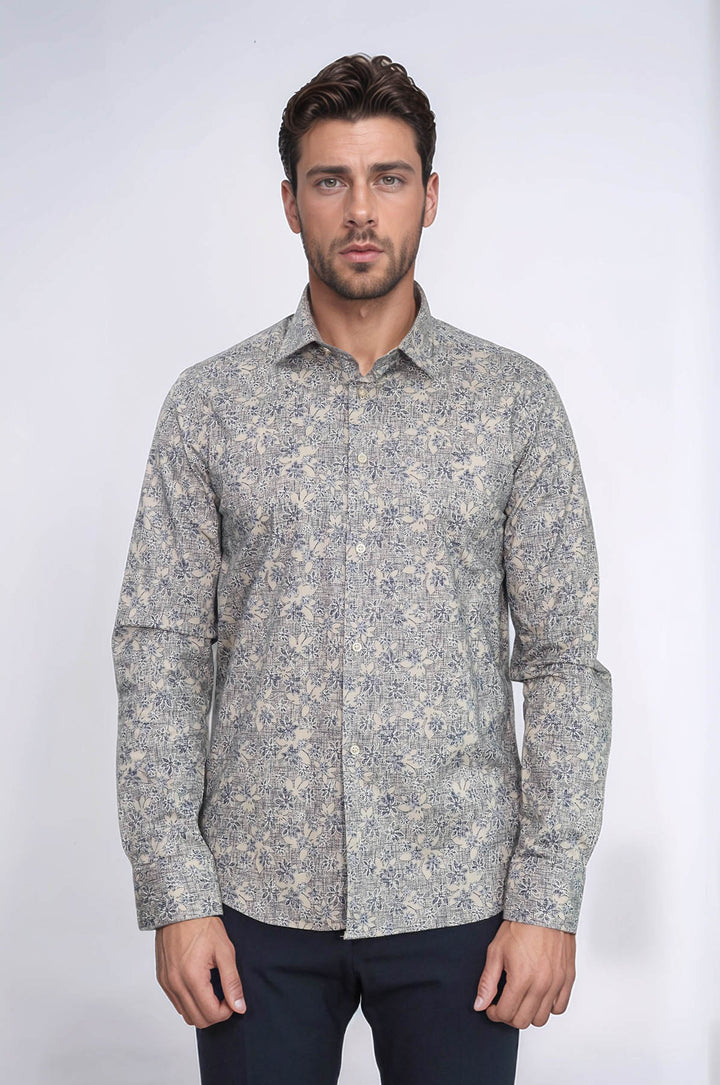 Çiçek Desenli Bej Slim Fit Gömlek - Wessi