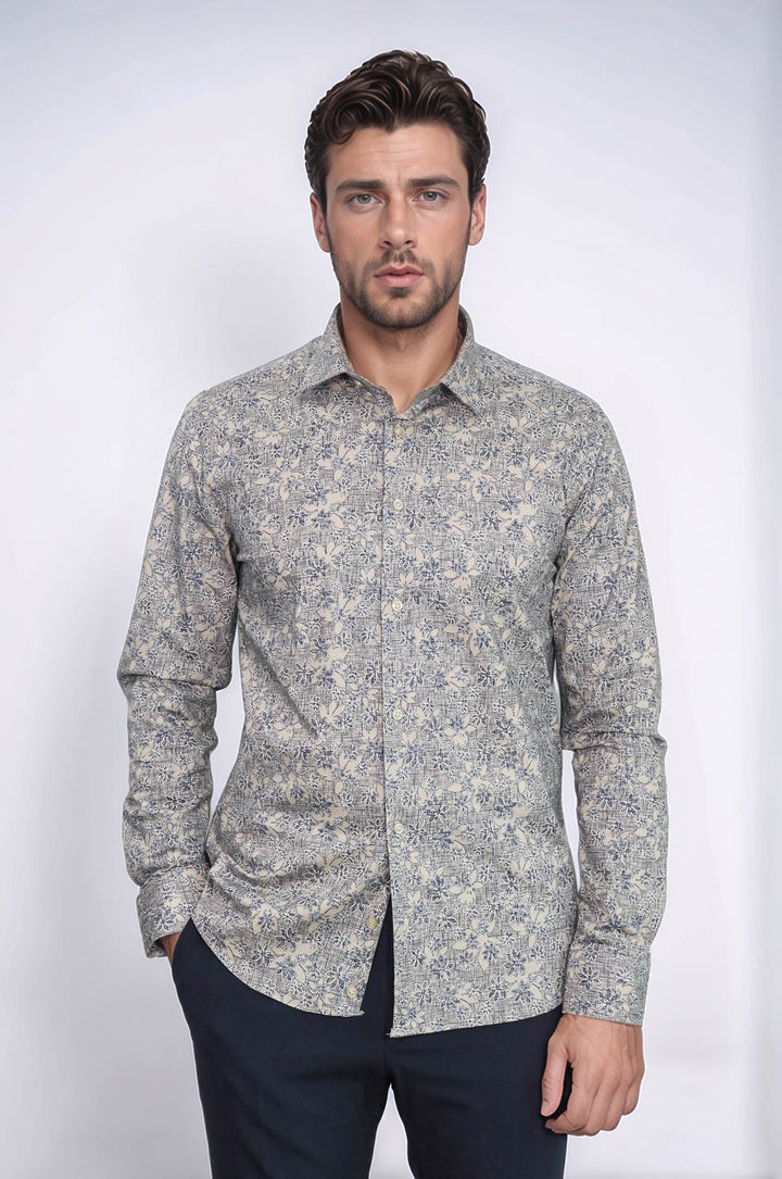 Çiçek Desenli Bej Slim Fit Gömlek - Wessi