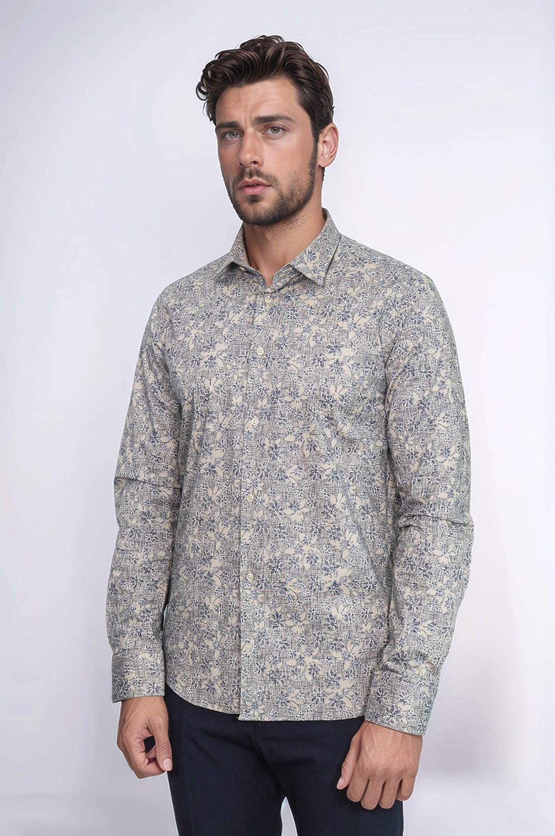 Çiçek Desenli Bej Slim Fit Gömlek - Wessi