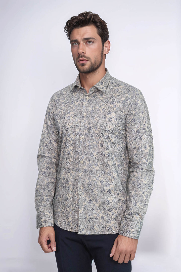 Çiçek Desenli Bej Slim Fit Gömlek - Wessi