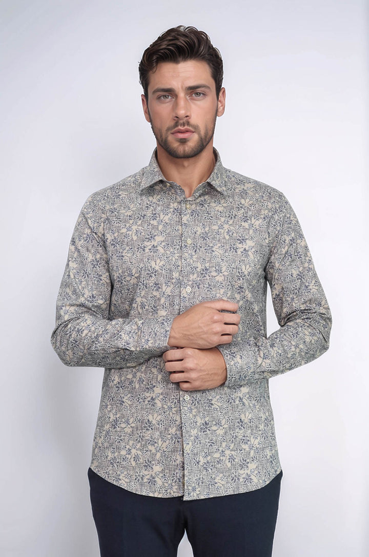 Çiçek Desenli Bej Slim Fit Gömlek - Wessi