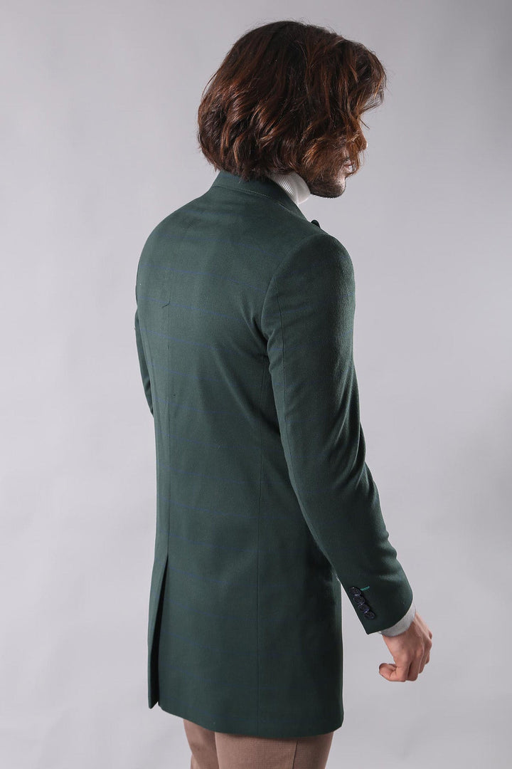 Geniş Sivri Yaka Ekose Yeşil Erkek Kısa Palto - Wessi