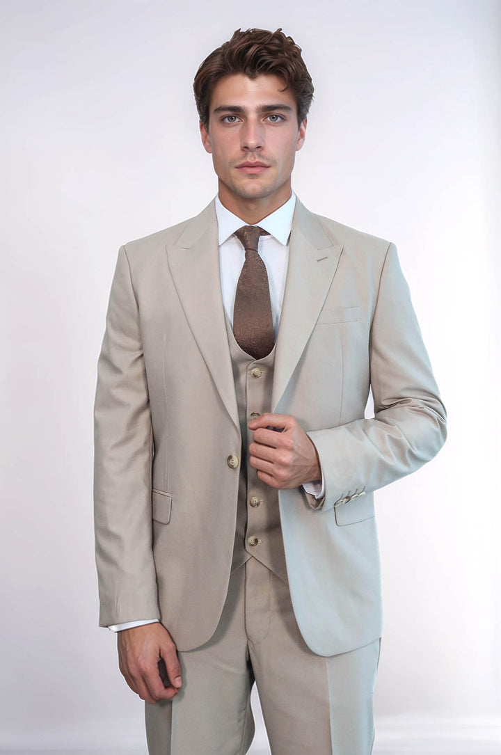 Desensiz Yelekli Slim Fit Açık Kahverengi Erkek Takım Elbise - Wessi