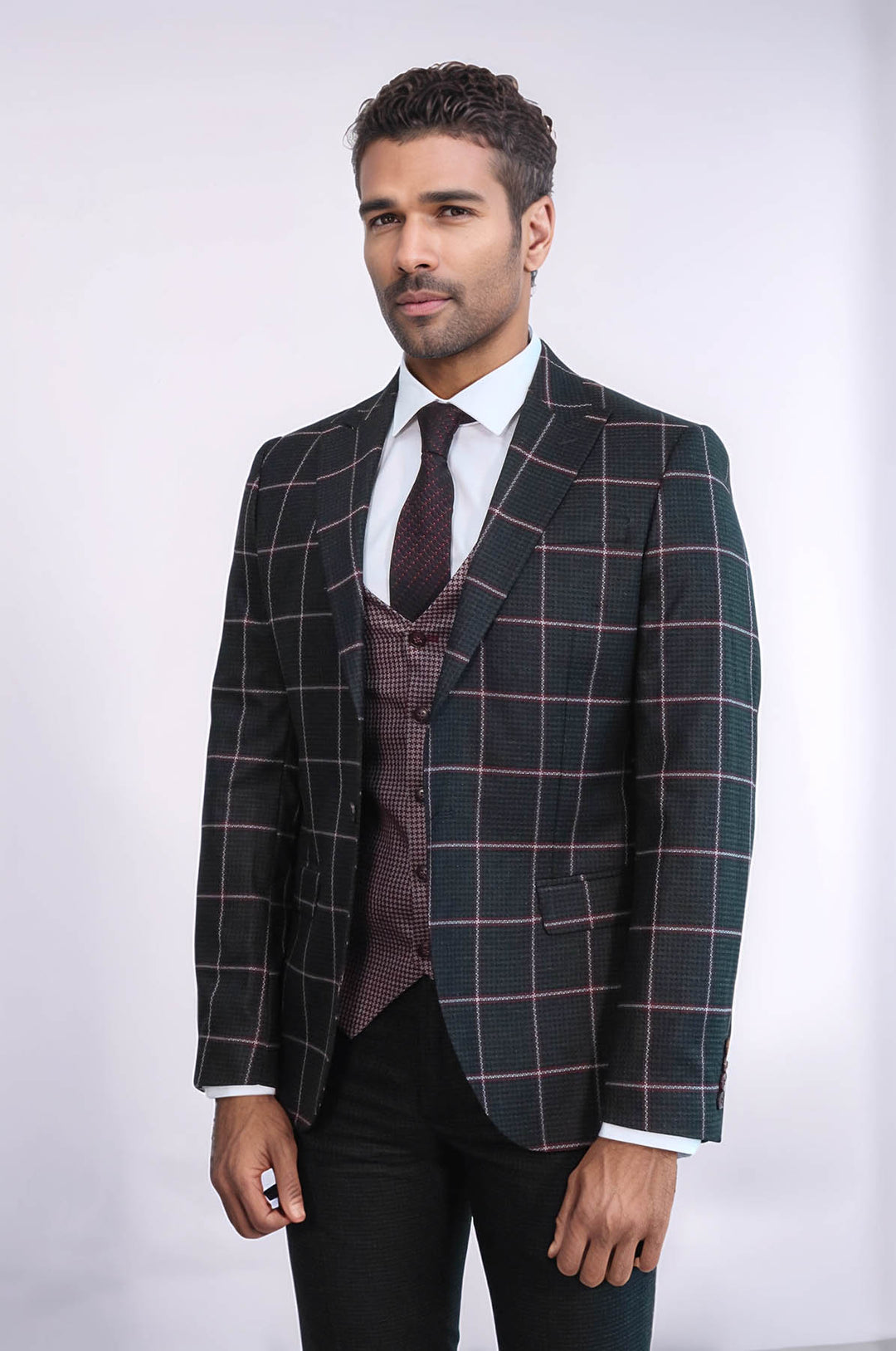 Siyah Ekoseli Desenli Yelekli Takım Elbise - Wessi