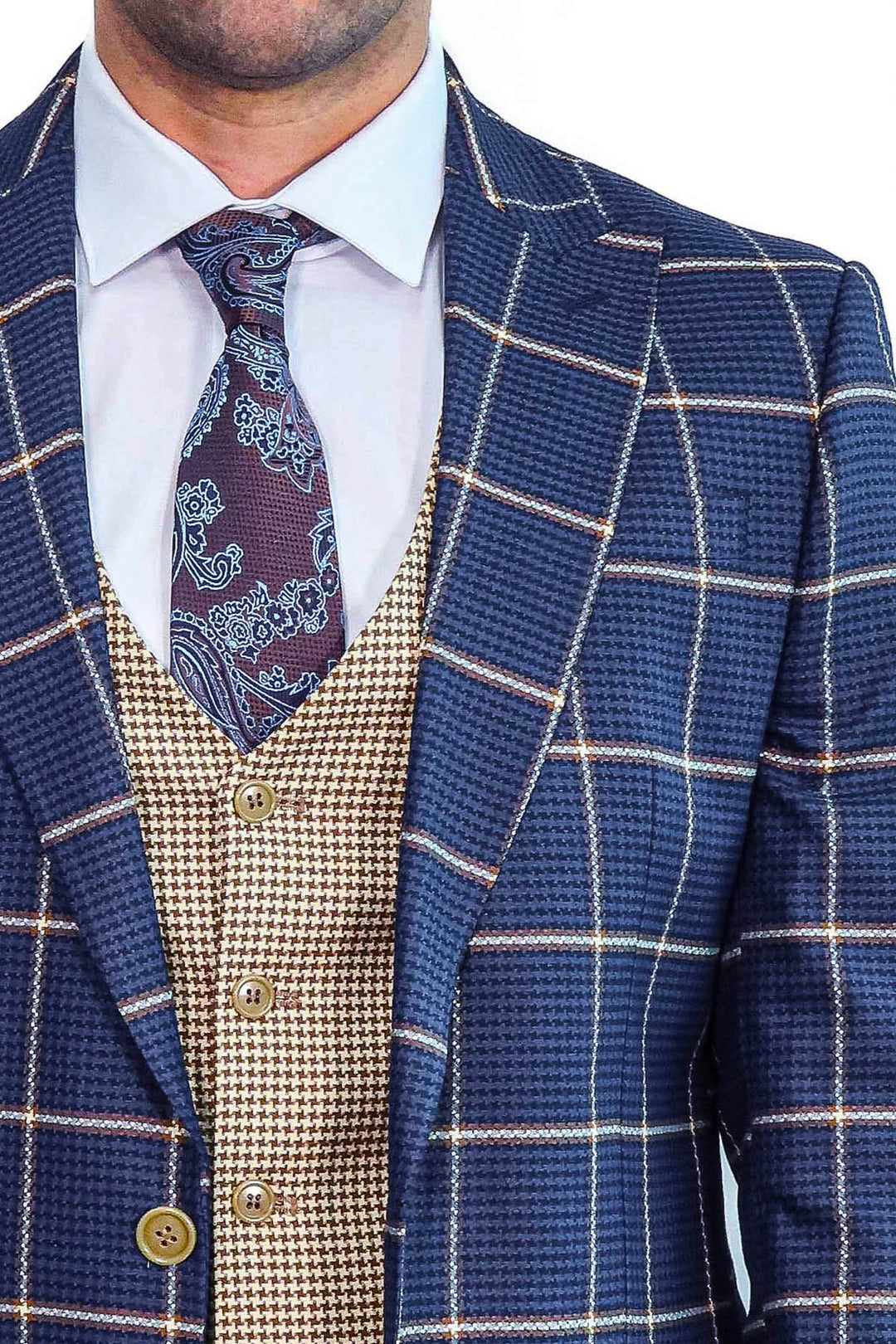 Lacivert Ekoseli Desenli Yelekli Takım Elbise - Wessi