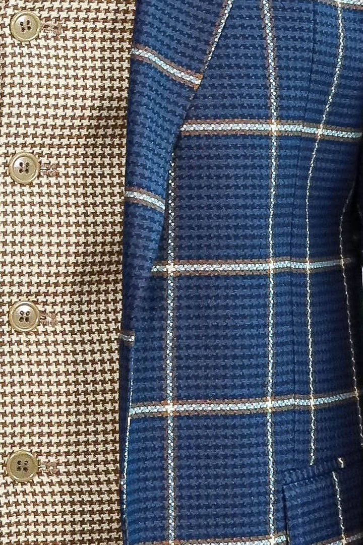 Lacivert Ekoseli Desenli Yelekli Takım Elbise - Wessi