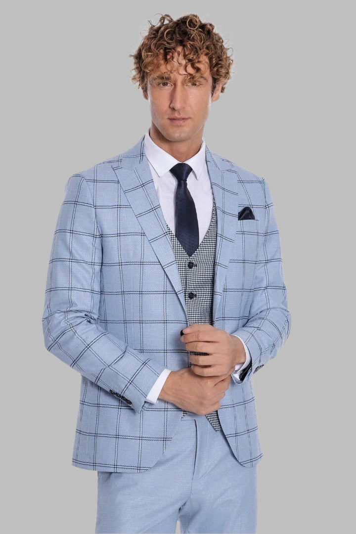 Ekose Desenli Dar Kesim Açık Mavi Erkek Takım - Wessi