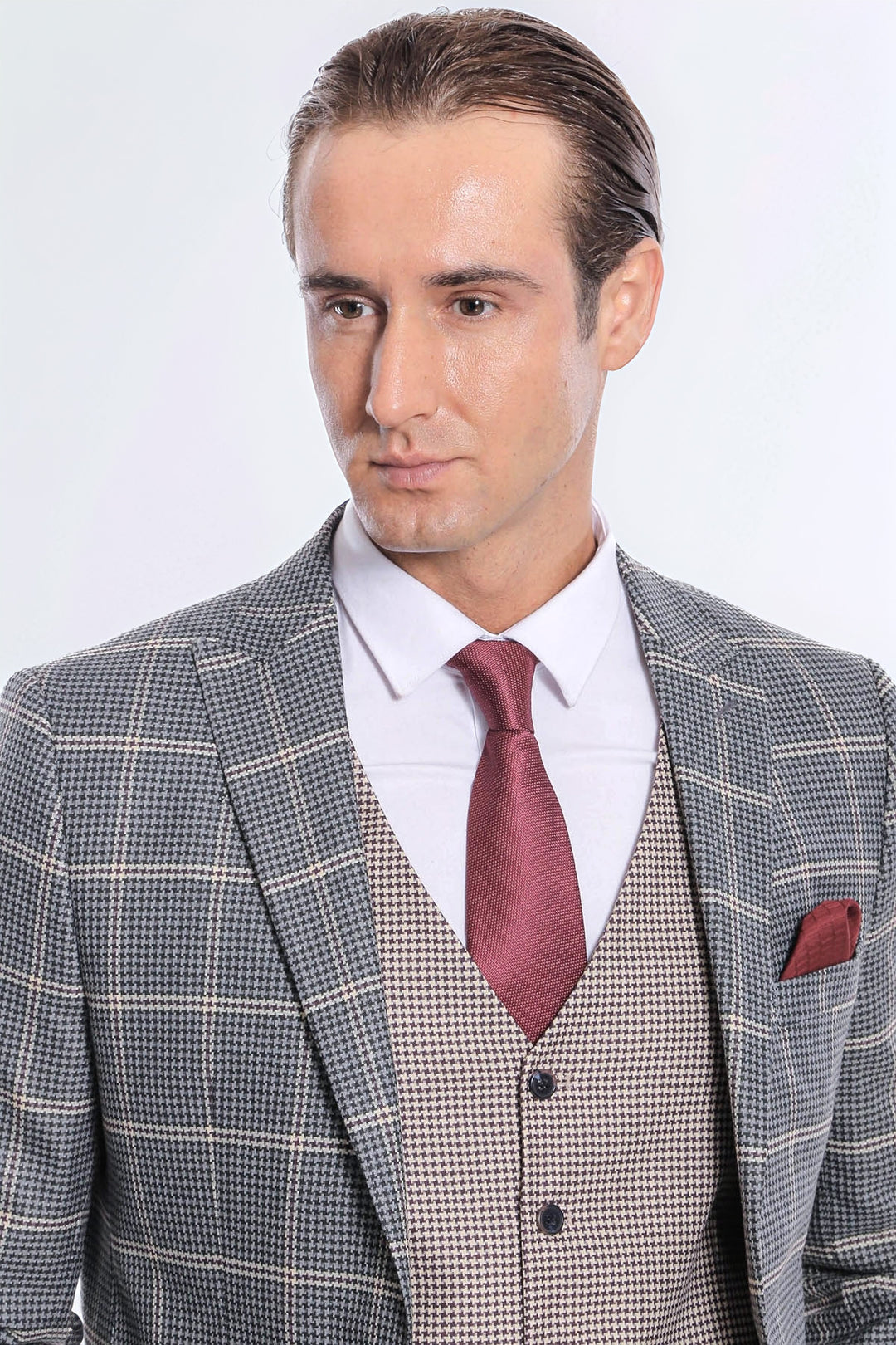 Füme Ekoseli Desenli Yelekli Takım Elbise - Wessi