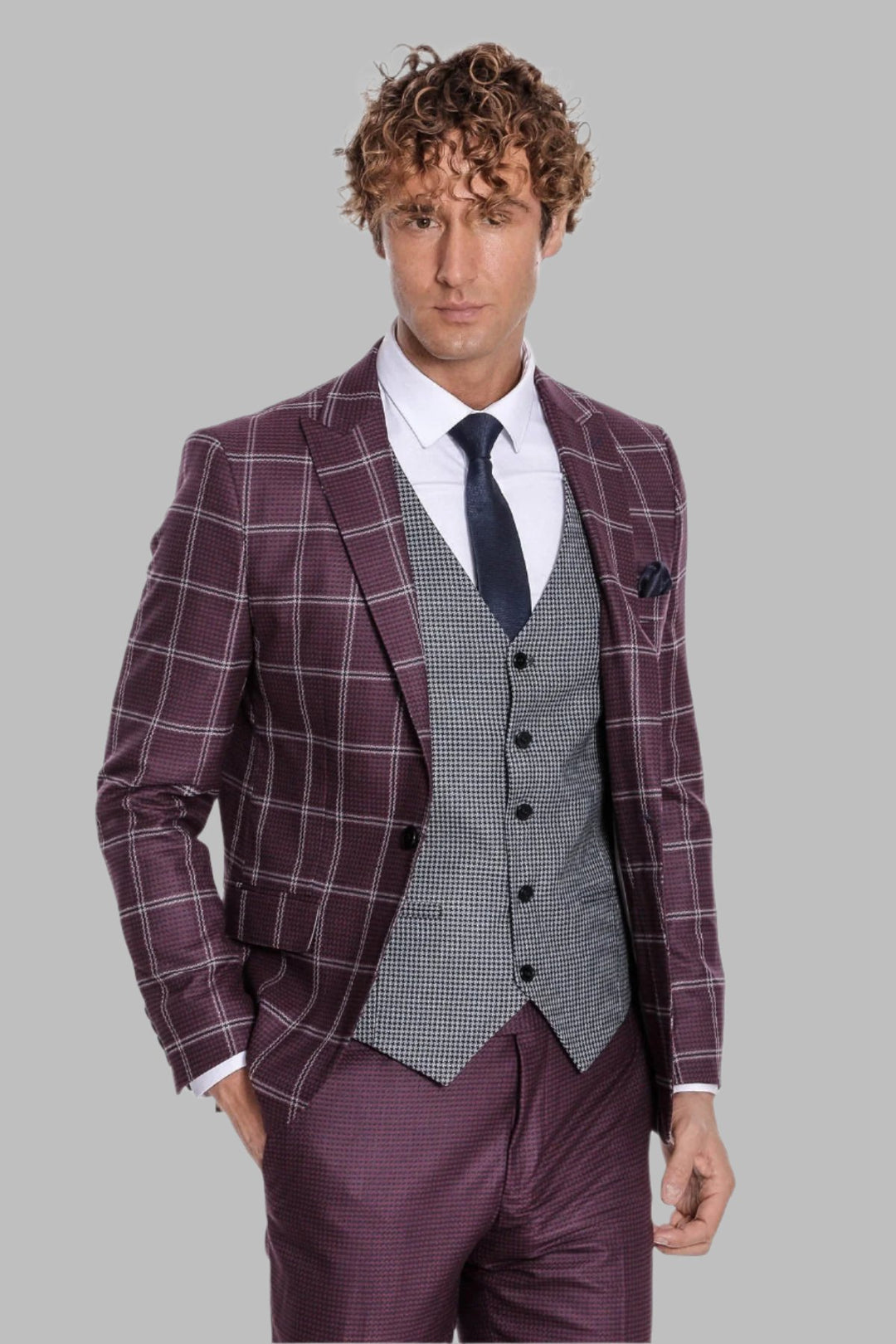 Bordo Ekoseli Desenli Yelekli Takım Elbise - Wessi