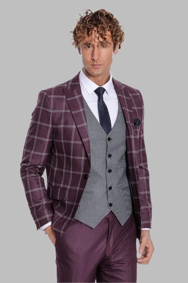 Bordo Ekoseli Desenli Yelekli Takım Elbise - Wessi