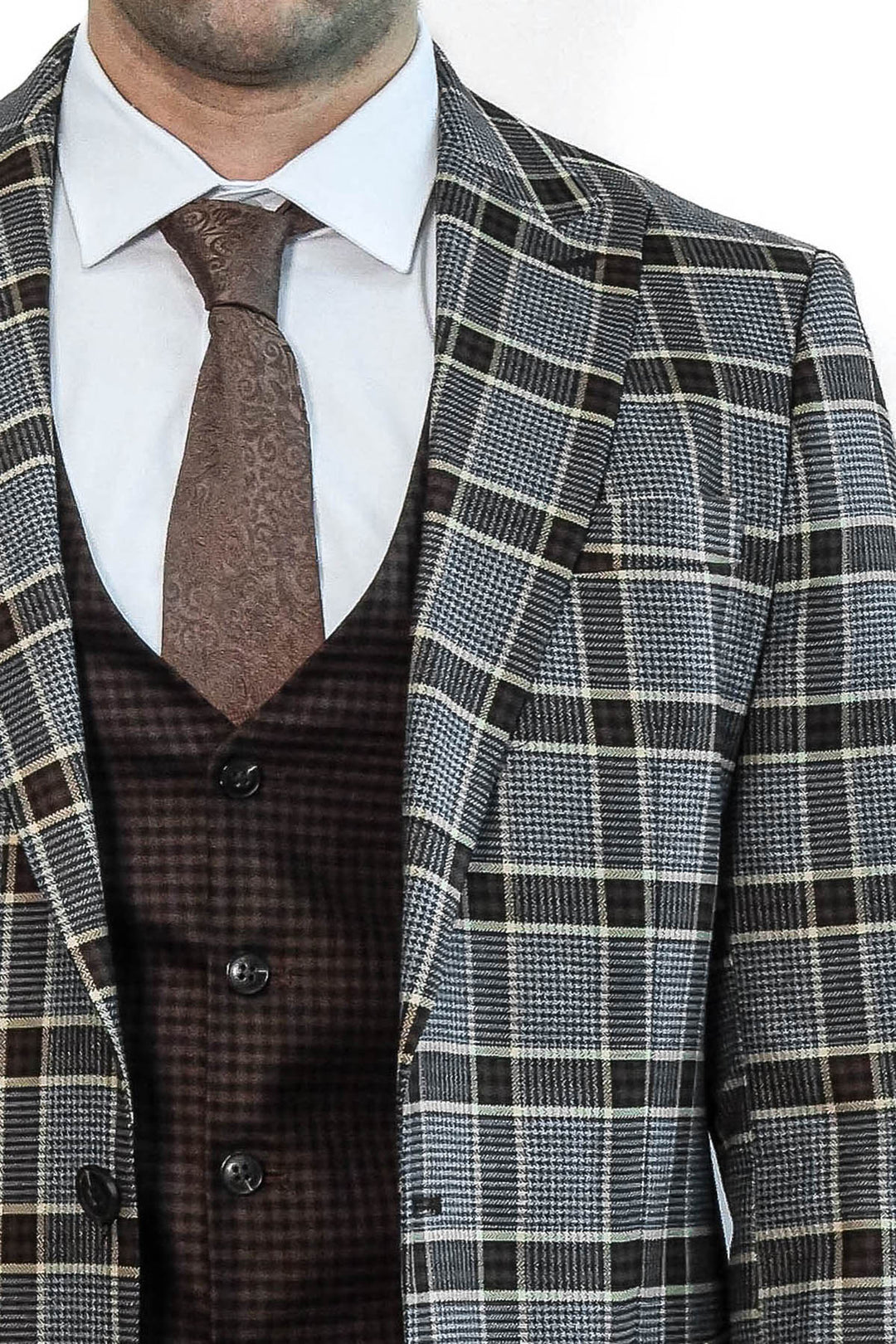 Ekose Yelekli Füme Erkek Takım Elbise - Wessi
