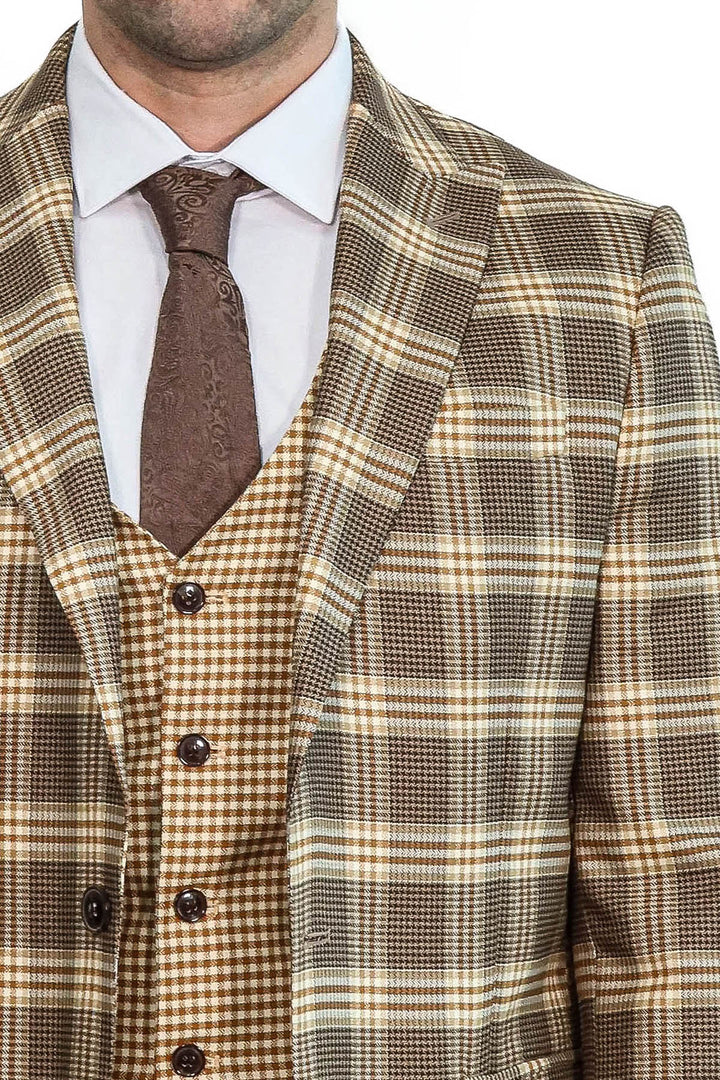 Ekose Yelekli Açık Kahverengi Erkek Takım Elbise - Wessi