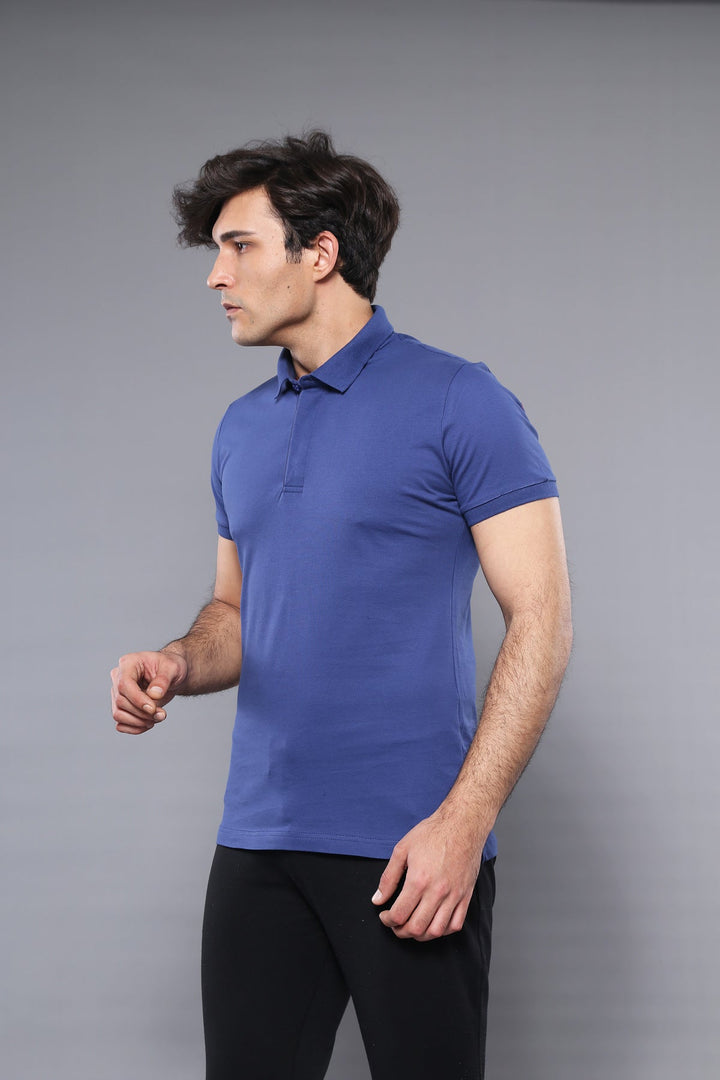 Polo Yaka Düz Mavi Erkek T-shirt - Wessi