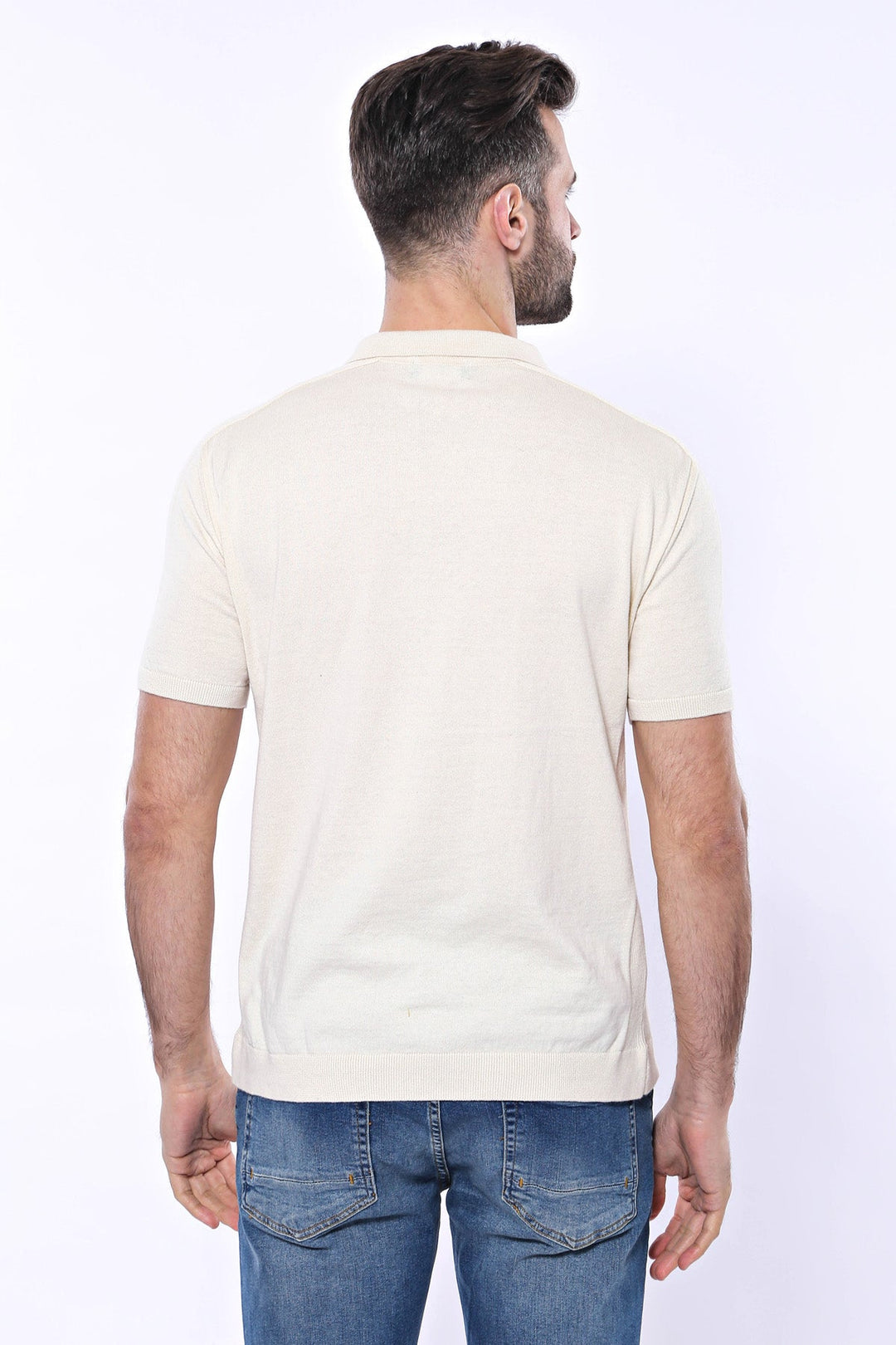 Polo Yaka Krem Düz Örme T-shirt | Wessi